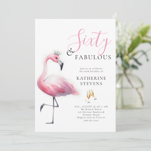 60 en Fabulous Pink Flamingo Tiara 60e verjaardag Kaart (Staand voorkant)