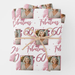 60 en Fabulous Roze Glitter Foto 60ste Verjaardag Inpakpapier Vel