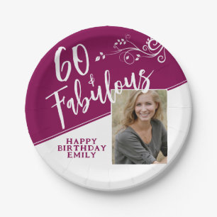 60 en Fabulous Script Photo Magenta 60th Birthday Papieren Bordje