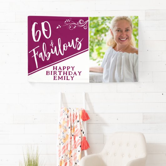 60 en Fabulous Script Photo Magenta 60th Birthday Spandoek (Insitu)