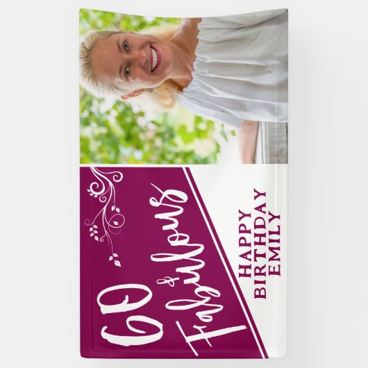 60 en Fabulous Script Photo Magenta 60th Birthday Spandoek (Verticaal)