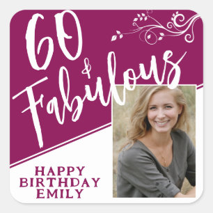 60 en Fabulous Script Photo Magenta 60th Birthday Vierkante Sticker
