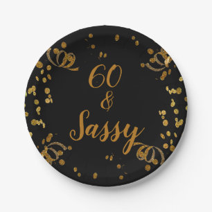 60 en Sassy 60th Birthday Black   Faux Gold Papieren Bordje