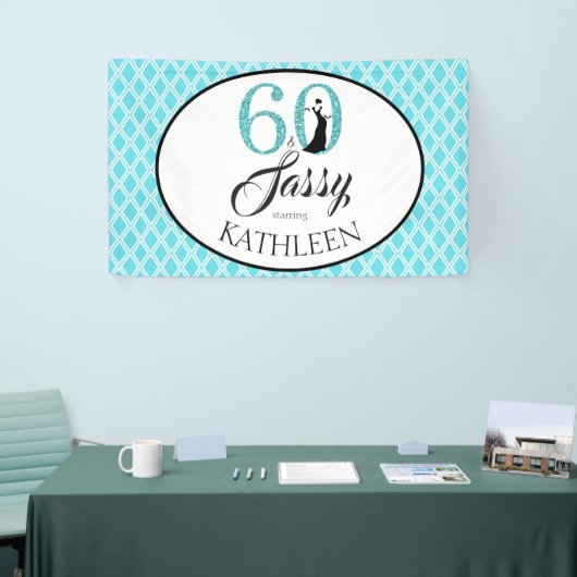 60 en Sassy Custom 60th Birthday Blue Glitter Spandoek (Beurs)