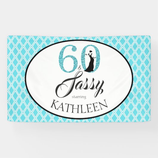 60 en Sassy Custom 60th Birthday Blue Glitter Spandoek (Horizontaal)