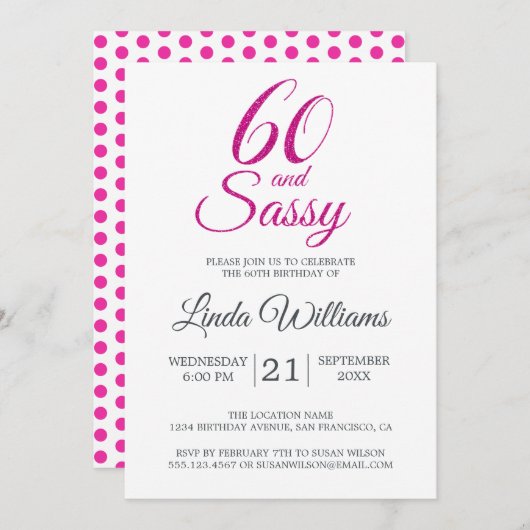 60 en Sassy Roze Glitter 60ste Verjaardagsfeestje Kaart (Voorkant / Achterkant)