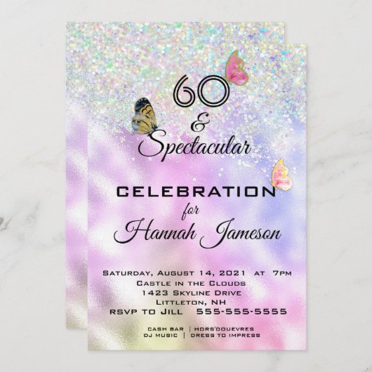 60 en Spectaculaire Glittervlinders Feest Kaart (Voorkant / Achterkant)