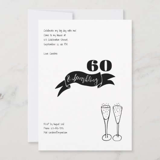 60 en sprankelende hand getekend zwart en wit kaart (Voorkant)