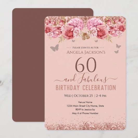 60 et fabuleux Adulte Anniversaire rose Invitation (Devant / Derrière)