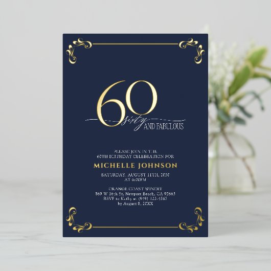 60 & Fabulous Blue & Gold Calligraphy Birthday Folie Uitnodiging (Staand Voorkant)
