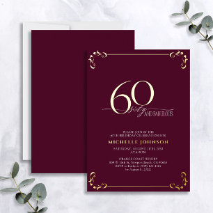 60 & Fabulous Burgundy & Gold Calligraphy Birthday Folie Uitnodiging