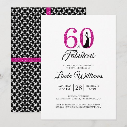 60 Fabulous Hot Pink Glitter 60th Birthday Party Kaart (Voorkant / Achterkant)