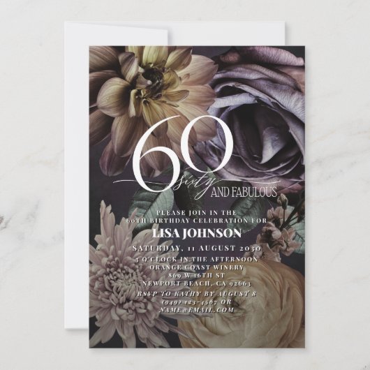 60 & Fabulous Modern Dark Moody Paarse Bloemen Kaart (Voorkant)