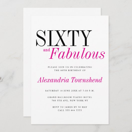 60 & Fabulous Modern Pink Typography 60th Birthday Kaart (Voorkant / Achterkant)