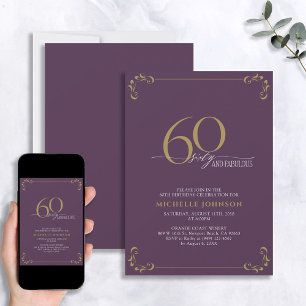 60 & Fabulous Paars & Gold Calligraphy Birthday Kaart