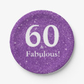 60 & Fabulous! Paarse Glitter Zestigste Verjaardag Papieren Bordje (Voorkant)
