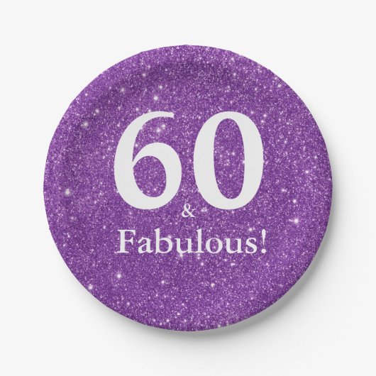 60 & Fabulous! Paarse Glitter Zestigste Verjaardag Papieren Bordje (Voorkant)