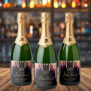 60 fantastische verjaardagscourne zwarte roze glit sparkling wijnetiket