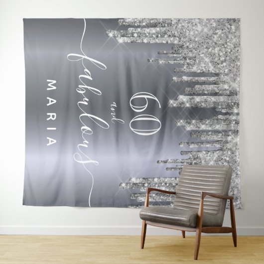 60 geweldige verjaardagsfeestdag glitter zilveren  wandkleed (In Situ (horizontaal))