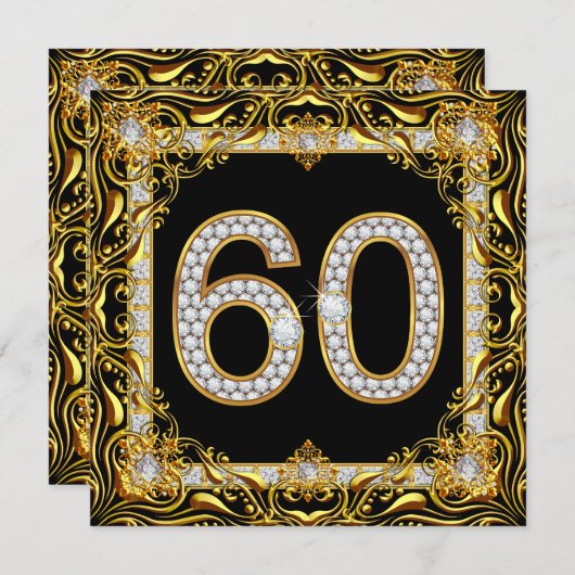60 Gold Diamond Black 60th Birthday Party Kaart (Voorkant / Achterkant)