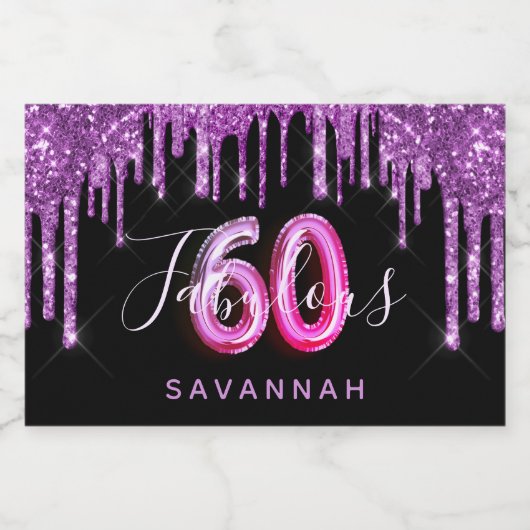 60 jaar en feestdag glitter paarse zwarte glazuur sparkling wijnetiket (Enkel label)