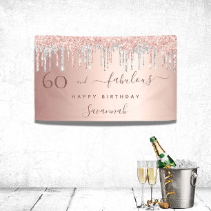 60 jaar en roos goudglitter zilver spandoek