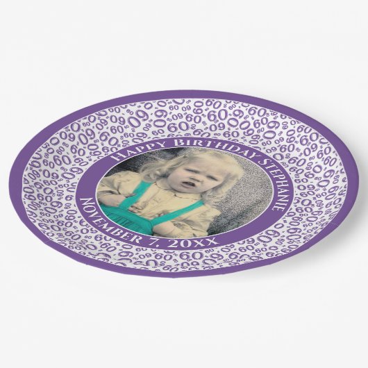 60 Uw foto Willekeurige nummerpatroon Paarse/wit Papieren Bordje (Gekanteld)