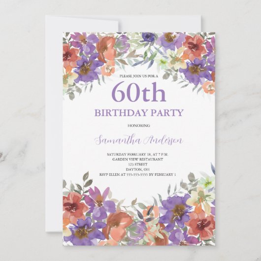 60e anniversaire Aquarelle Invitation florale (Devant)
