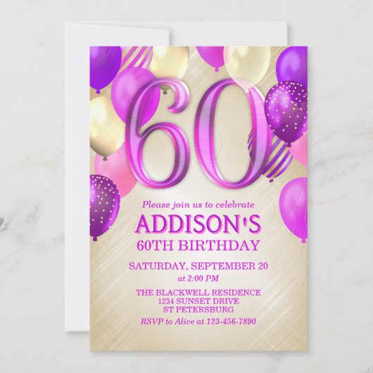 60e anniversaire Ballons roses Invitation (Devant)