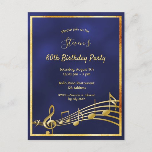 60e anniversaire bleu or musique notes invitation (Devant)