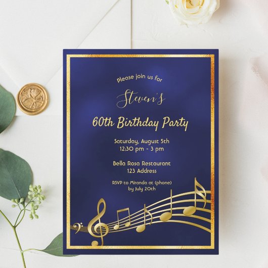 60e anniversaire bleu or musique notes invitation