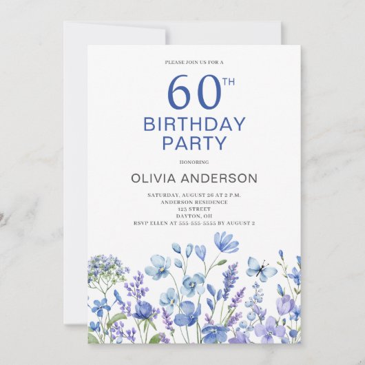 60e anniversaire Blue Floral Invitation (Devant)
