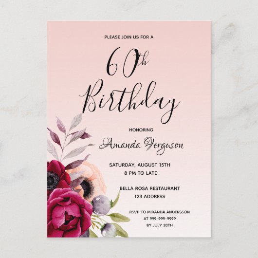 60e anniversaire bourgogne rose invitation florale (Devant)