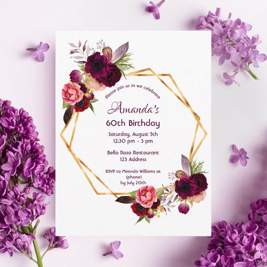 60e anniversaire burgundy invitation florale blanc