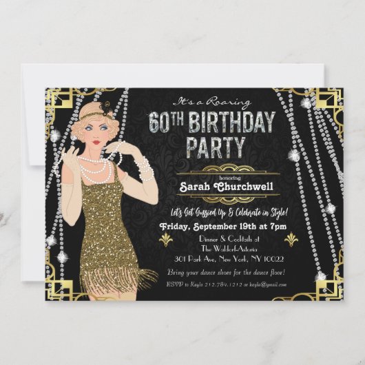 60e anniversaire Déco Gatsby Flapper Invitation fi (Devant)