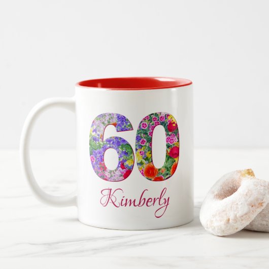 60e anniversaire élégante fleurs florales mug roug (Avec donut)