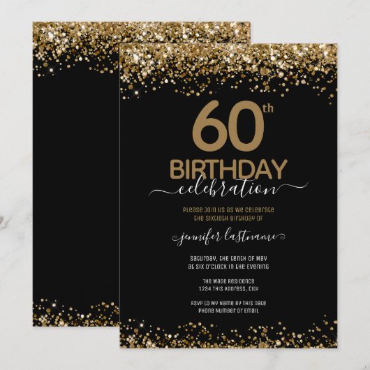 60e Anniversaire Fête Black and Gold Invitation (Devant / Derrière)