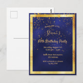 60e anniversaire fête bleu or confetti invitation (Devant / Derrière)