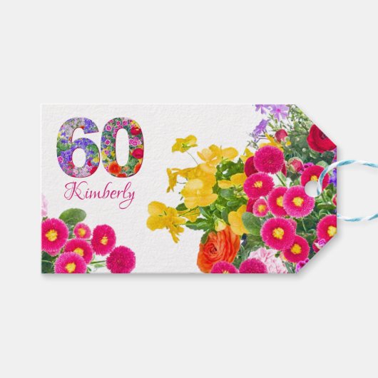 60e anniversaire floral bouquet étiquettes cadeaux (Devant (Horizontal))