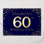60e anniversaire Foil Invitation<br><div class="desc">60e anniversaire invitation à la fête. Personnalisez avec le nom de la personne d'honneur. Le numéro 60 dans une grande police de style étincelant. Encadré de points dorés en chute. Placé sur un bleu foncé très saturé. Entrez les détails de la fête au verso de l'invitation en utilisant les modèles,...</div>