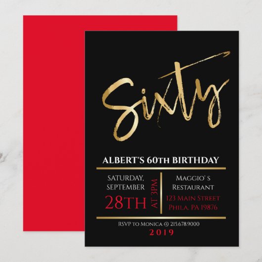 60e anniversaire Gold Black Party Invitation (Devant / Derrière)