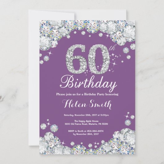 60e anniversaire Invitation Diamant violet et arge (Devant)