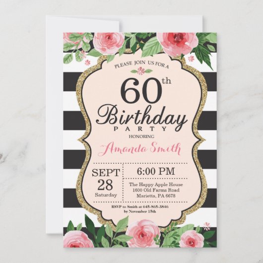 60e anniversaire Invitation Femmes. Or floral noir (Devant)