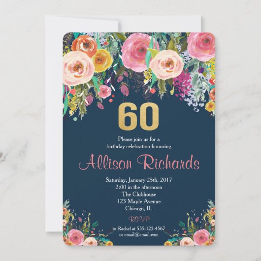 60e anniversaire invitation floral aquarelle marin (Devant)