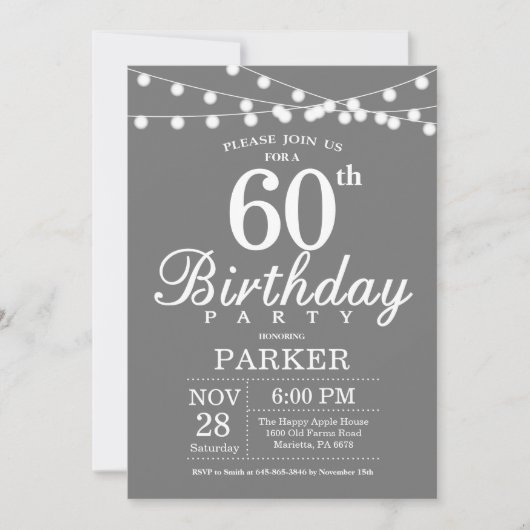 60e anniversaire Invitation Gris et Blanc (Devant)
