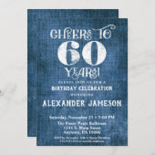 60e anniversaire Invitation Linen Bleu Rustique Ch (Devant / Derrière)
