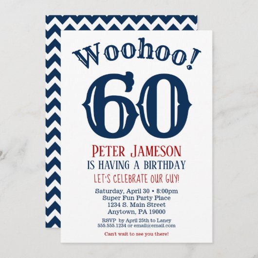 60e anniversaire Invitation Mens Marine Bleu (Devant / Derrière)