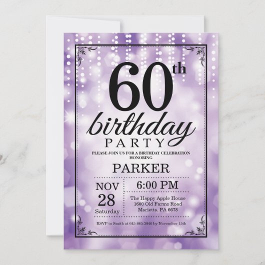 60e anniversaire Invitation Purple Parties scintil (Devant)