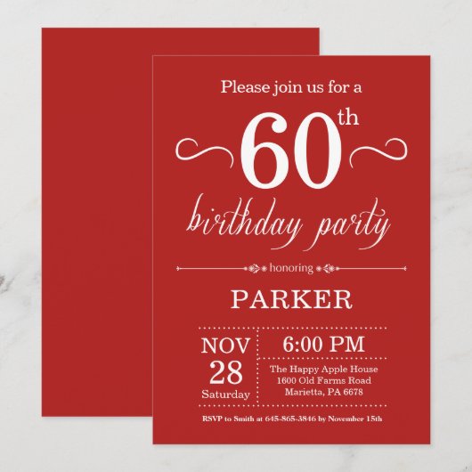 60e anniversaire Invitation rouge (Devant / Derrière)