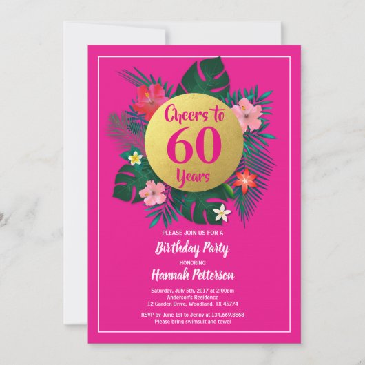 60e anniversaire invitation tropicale rose (Devant)